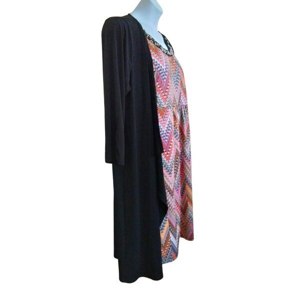 Notations 2X Dress Black Layered Look Jacket Chevron Print Embellished Neckline - Picture 3 of 11